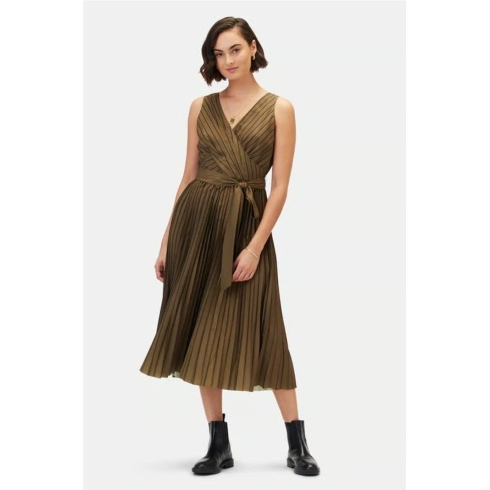 AMOUR VERT CAMBRIA DRESS WOMENS SMALL BRONZE OLIVE PINSTRIPE PLEATED MIDI NEW!!